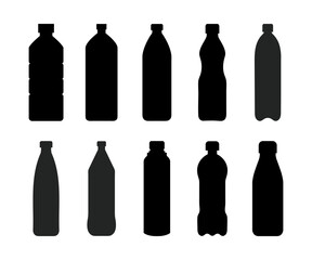 Silhouette water bottle icon set. Plastic bottle collection. Plastic bottle silhouette icon set. Black simple illustration of tall container for water, liquid, oil. Flat design.