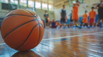 A spherical object used in the game of basketball on a wooden surface, with a group of young players in the distance, in an athletic facility for schoolchildren.