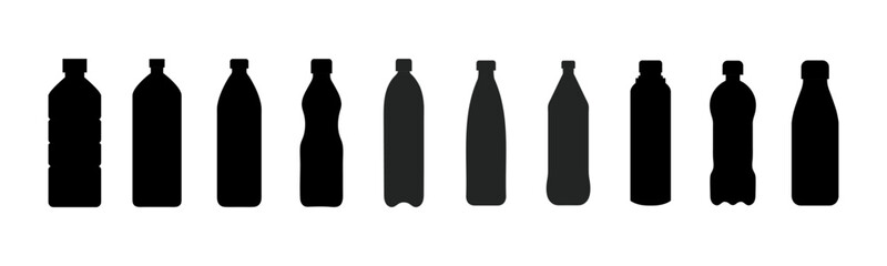 Plastic bottle silhouette icon set. Water bottle set. Plastic bottle collection. Vector illustration. Black simple illustration of tall container for water, liquid, oil. Flat design. Big collection.