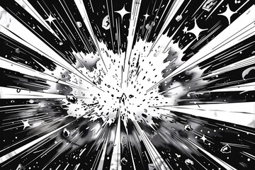 Monochrome animated explosion with star motifs ideal for comic strips and artwork.