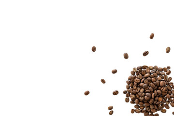 Closeup of a pile of organic whole roasted coffee beans isolated on a transparent background...