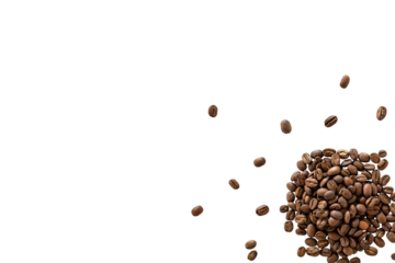 Closeup of a pile of organic whole roasted coffee beans isolated on a transparent background without shadows from above, top view