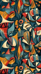 Fototapeta premium Abstract pattern with colorful geometric shapes on a dark blue background.