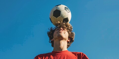 A young man skillfully balances a soccer ball on his head under a clear blue sky.
