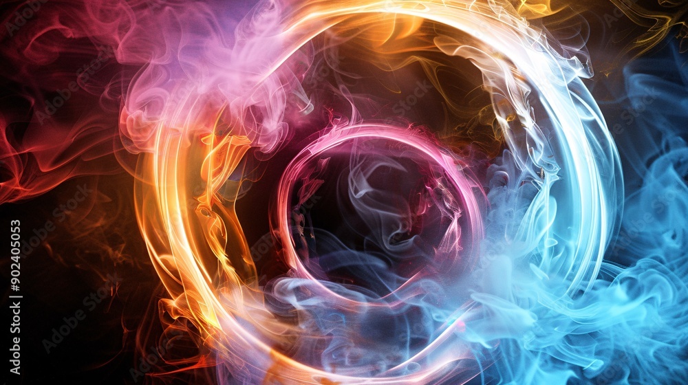 Canvas Prints vibrant smoke twirls within a luminous loop on a black backdrop, representing contemporary art. 3d i