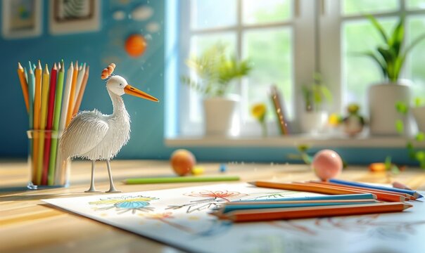 A colorful drawing with a toy bird and pencils on a table. AI.