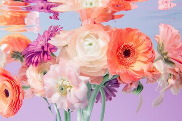 underwater bouquet of pastel color ranunculuses and gerberas half submerged, pastel purple background