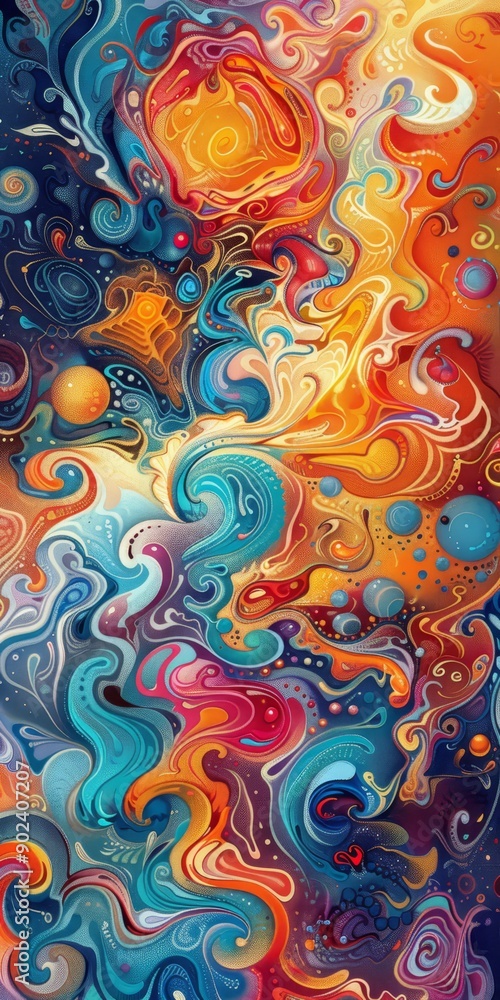 Poster a vibrant abstract pattern with swirling colors and intricate details, creating a sense of movement 
