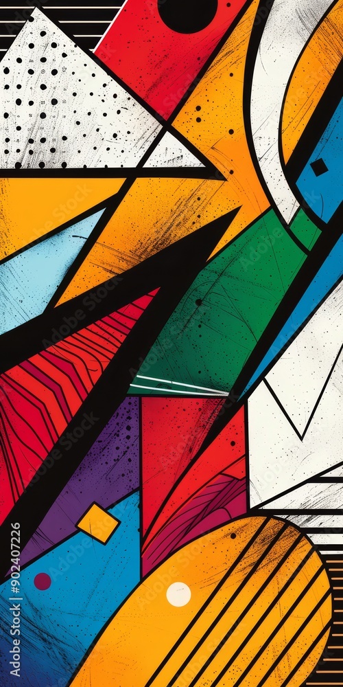 Poster a vibrant abstract design with bold lines and geometric shapes, using a bright color palette to crea