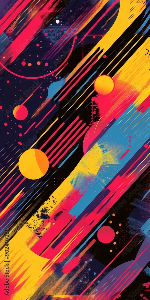 Poster A vibrant abstract design with bold lines and geometric shapes, using a bright color palette to create a dynamic and eye-catching composition