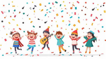 Fototapeta premium Colorful illustration of children celebrating with music and confetti, joyful and fun atmosphere.