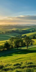 Obraz premium A peaceful countryside scene with rolling fields and a clear blue sky, the landscape bathed in the warm light of a setting sun