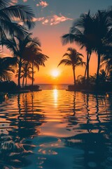 Obraz premium Sunset over a tropical paradise, reflecting in a calm pool. AI.