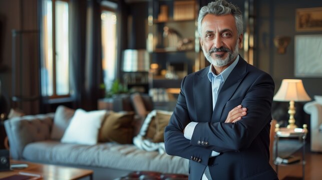 A lawyer in a business suit, standing with arms crossed in a law office, professional and serious environment
