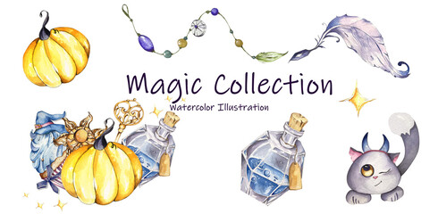 Set Watercolor Elements Halloween, Magic. Pumpkin, Feather, Beads, Amulet, Golden Key, Cupcake, Witch Hat, Potion in Bottle, Cute Cat. Children's Illustration. For Cards, Invitations, Gift Wrapping