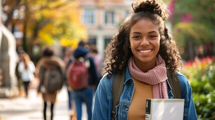 Obraz premium Multicultural female student posing on campus with a textbook and backpack, surrounded by classmates in a hurry.
