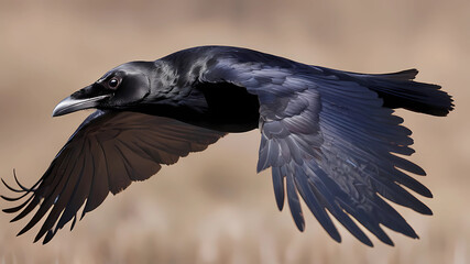 Raven flying, wings down, close up face