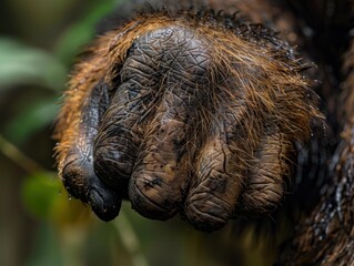 Obraz premium A close-up of a primate's hand, showing its wrinkled skin and fur. AI.
