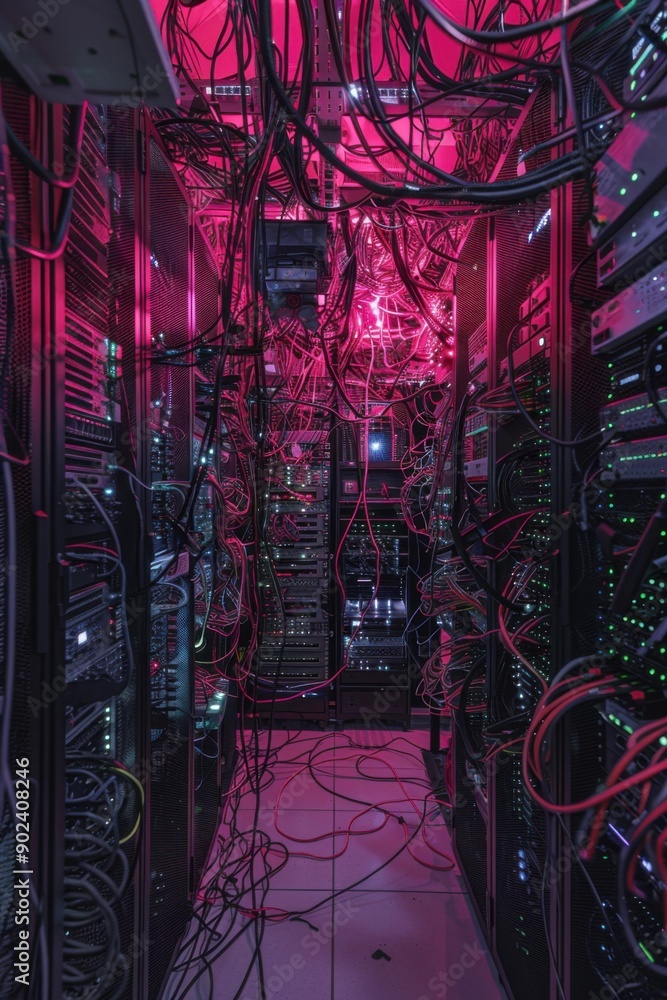 Poster rows of servers with tangled cables in a data center. ai.