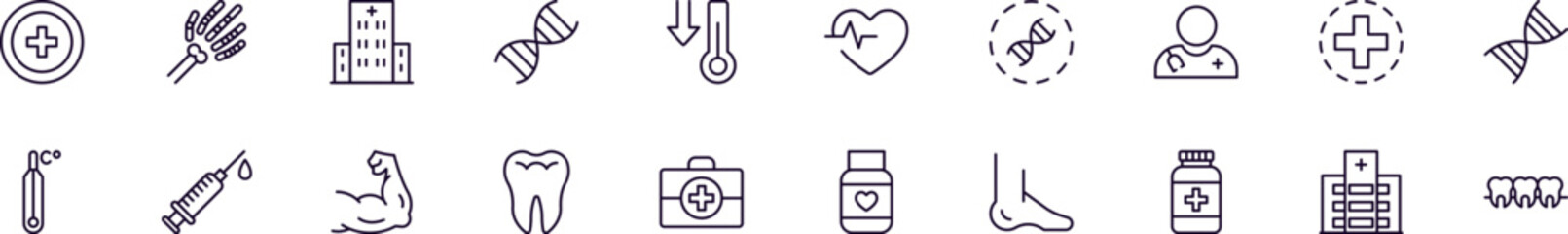 Collection of simple outline illustrations of medicine and healthcare. Modern line icons for apps, web sites, shops, stores