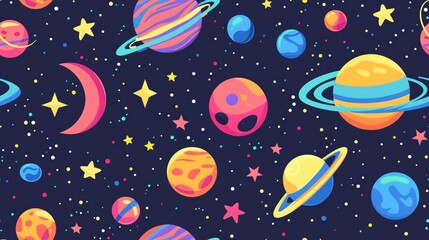 design with vivid abstract celestial bodies, funky cosmic, whimsical otherworldly, trippy atmosphere, print for cloth, gift wrap, journal sleeve