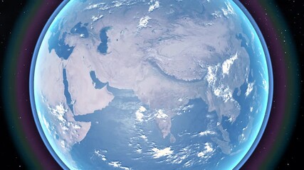 View of Earth from space showcasing Asia, with clear skies and vibrant colors, aerial view