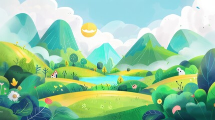 Naklejka premium A whimsical illustration of a verdant valley with rolling hills, a bright blue lake, and a friendly sun smiling down.