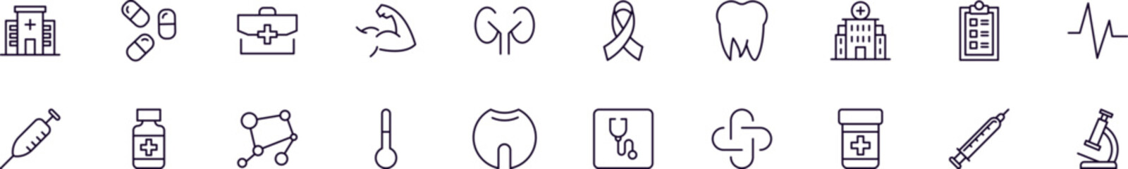 Medicine and healthcare vector pictogram collection. Simple linear illustration that can be used as an design element for apps and websites