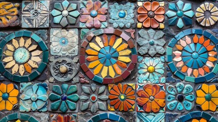 Mosaic tile texture with colorful, detailed patterns and intricate designs