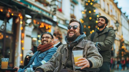 Obraz premium A wheelchair-bound man enjoying leisure time with companions in an urban setting.