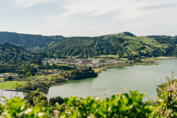 Azores - volcanic blus lake Sete Cidades, green landscape in Portugal, San Miguel
