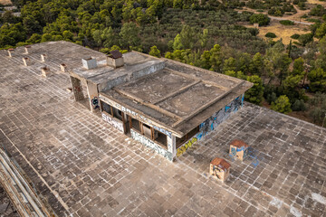 Drone photo of abandoned Saladi Beach Hotel in Salanti, Greece. Former nudist resort.