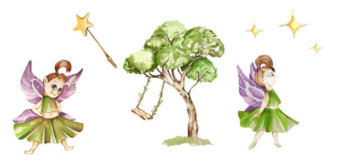 Set Elements with Cute Funny Fairy in Green Outfit, Lilac Wings. Tree with Swing, Magic Wand, Stars. Children's Watercolor Illustration. For Cards, Flyers, Posters, Wallpapers, Clothes for Babies