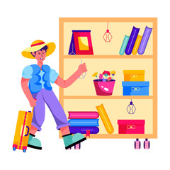 Flat illustration depicting a man leaving home with luggage 