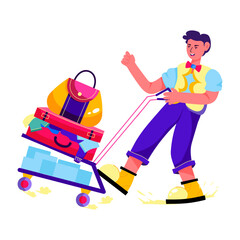 Boy handling luggage cart, flat illustration 