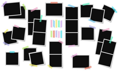 Photo frames vector set. Colorful scotch tape strips. Photos with scotch strips. Frames collection.