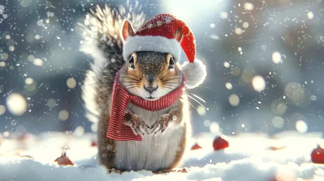 a festive wallpaper featuring cute squirrel dressed in Santa hats and scarves, christmas decoration tree. seamless looping time-lapse virtual 4k video animation background