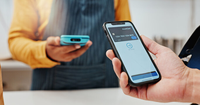 Person, smartphone and nfc to pay in coffee shop for food or beverage, ecommerce and digital checkout. Customer, waiter and credit card on screen for mobile banking, payment and online transaction.