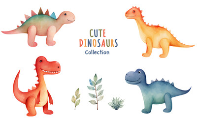 Little dinosaurs. Vector set of watercolor dinosaurs. Cute hand drawn dinosaur illustrations.