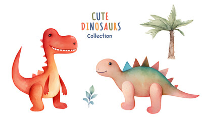 Vector set of watercolor dinosaurs. Cute hand drawn dinosaur illustrations. Little dinosaurs