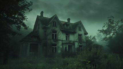 Abandoned House in Foggy Forest with Overgrown Vegetation