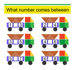 What number comes between? Math worksheets for children. Vector illustration of cartoon truck.
