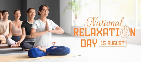 Banner for National Relaxation Day with meditating young people