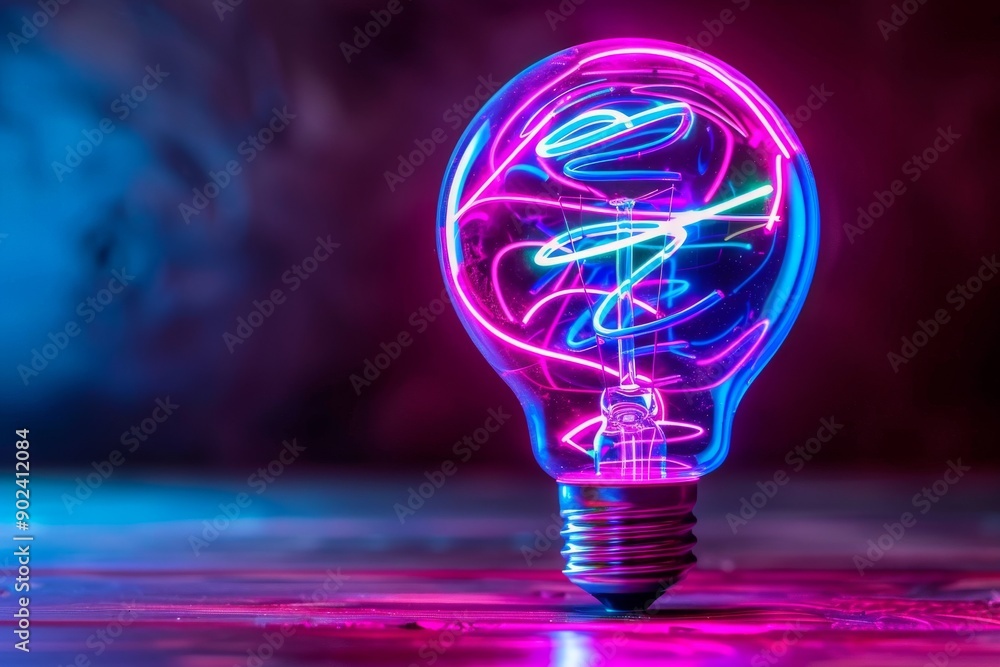 Poster neon brain in a light bulb symbolizing creativity and technological innovation in a vibrant high tec