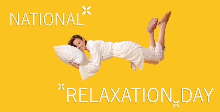 Banner for National Relaxation Day with flying young woman with pillow