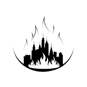 recommend clip art: silhouette of burning cityscape engulfed in flames, black line drawing