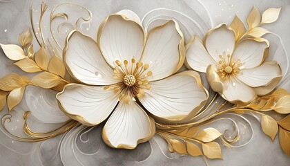painted white and gold flowers with a 3d effect on a gray abstract background