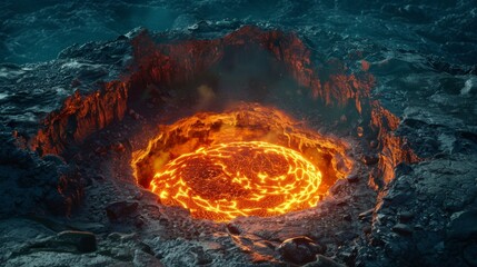 Fiery Depths: Close-up of Volcano's Crater with Glowing Lava, Natural Light