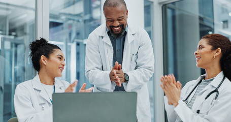 Celebrate, results or doctors clapping with laptop, good news or surgeon reading health treatment...
