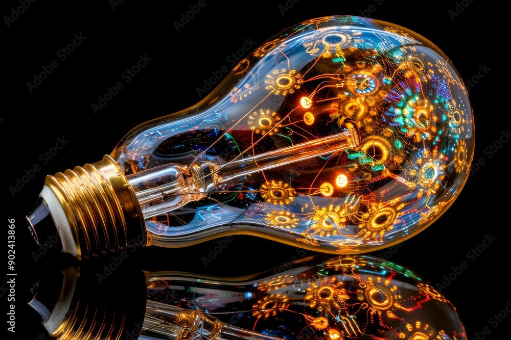 Poster light bulb with glowing gears symbolizing creativity and technological innovation in a high tech env